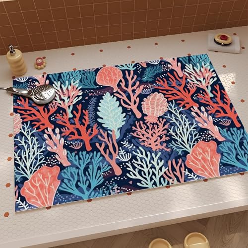 Badteppich, 40 x 70 cm, ultraweich und saugfähig, Badezimmerteppich, rutschfest, bequem, maschinenwaschbar, Badteppich für Boden, Badewanne, Dusche, Blau – Korallenrot mit Unterwassermuster von JEEGIU