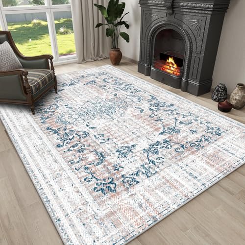 JEEGIU 90 x 120 cm, maschinenwaschbar, rutschfest, Vintage-Teppich, niedriger Flor, Blau – Pfirsich-Vintage-Teppich für Schlafzimmer, Esszimmer, Heimbüro von JEEGIU