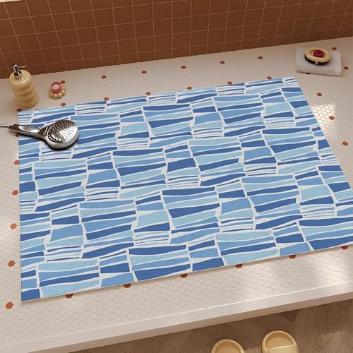 JEEGIU Badezimmerteppich, 45 x 100 cm, ultradünn, rutschfest, klein, schnell trocknend, saugfähig, Badematte für Boden, Hellblau, gewelltes Mosaik von JEEGIU