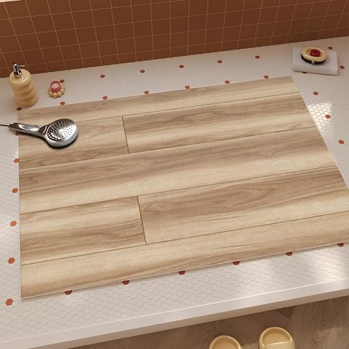 JEEGIU Badezimmerteppich, 50 x 100 cm, ultradünn, rutschfest, klein, schnell trocknend, saugfähig, Badematte für Boden, Hellbraunes Holz – Dielen in Holzoptik) von JEEGIU