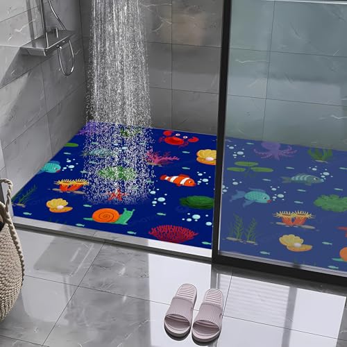 JEEGIU Badezimmerteppich, 50 x 80 cm, ultradünn, rutschfest, klein, schnell trocknend, saugfähig, Badematte für Boden, Indigo-Muschel-Design von JEEGIU