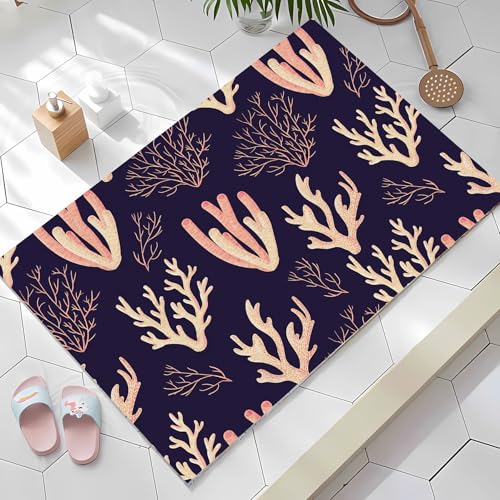 JEEGIU Badezimmerteppich, 60 x 90 cm, ultradünn, rutschfest, klein, schnell trocknend, saugfähig, Badematte für Boden, Dunkelblau – rosa Korallenmuster von JEEGIU