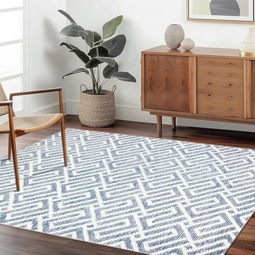 JEEGIU Maschinenwaschbarer, schmutzabweisender Teppich mit rutschfester Unterseite, flaches Profil für Wohnzimmer, Schlafzimmer und Esszimmer, geometrisches Muster, 120 x 150 cm, Indigo und Weiß von JEEGIU