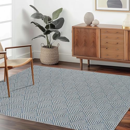JEEGIU Teppich, 45 x 75 cm, blau-graues geometrisches Webmuster, fusselfrei und pflegeleicht, ideal für stark frequentierte Bereiche im Wohnzimmer, Schlafzimmer von JEEGIU