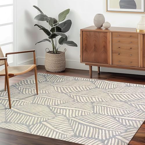 JEEGIU Teppich, 45 x 75 cm, graues und cremefarbenes Blattmuster, fusselfrei und pflegeleicht, ideal für stark frequentierte Bereiche im Wohnzimmer, Schlafzimmer von JEEGIU