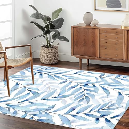 JEEGIU Teppich, 60 x 90 cm, Blau – getöntes Blatt-Aquarell-Muster, niedriger Flor, waschbar, trendiger verblasster Stil, Teppiche für Schlafzimmer, Esszimmer, faltbar, rutschfest, dünner Druck von JEEGIU