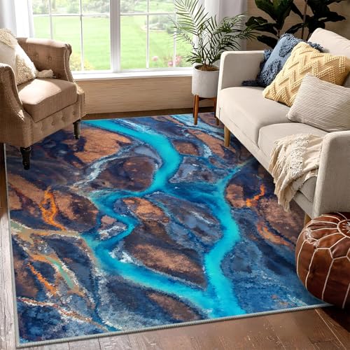 JEEGIU Teppich für Wohnzimmer, maschinenwaschbar, rutschfest, Vintage-Teppich, niedriger Flor, leicht, türkis, Flussmuster, für Schlafzimmer, Esszimmer, Heimbüro, 90 x 120 cm von JEEGIU