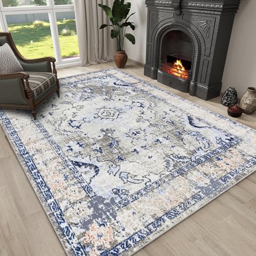 JEEGIU Waschbarer Teppich, flaches Profil, mit rutschfester Unterseite und strapazierfähiger Randeinfassung, 150 x 210 cm, Blau-Grau, große Teppiche für Schlafzimmer, Esszimmer JEEGIU Waschbarer Teppich, flaches Profil, mit rutschfester Unterseite und strapazierfähiger Randeinfassung, 150 x 210 cm, Blau-Grau, große Teppiche für Schlafzimmer, Esszimmer von JEEGIU