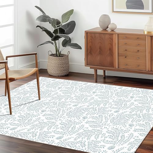 JEEGIU Waschbarer Teppich, flaches Profil mit rutschfester Unterseite und strapazierfähiger Randeinfassung, Blassblaues Blattmuster, große Teppiche für Schlafzimmer, Esszimmer JEEGIU Waschbarer Teppich, flaches Profil mit rutschfester Unterseite und strapazierfähiger Randeinfassung, Blassblaues Blattmuster, große Teppiche für Schlafzimmer, Esszimmer von JEEGIU