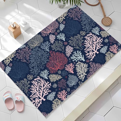 Rutschfeste Badewannenmatte, Duschmatte, schnell trocknende Badewannenmatten, Fußschrubber für Badewanne, Boden, Badezimmer, Zuhause, Küche, Hotel (blau – rosa Korallenmuster, 60 x 60 cm) von JEEGIU
