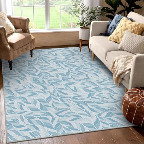 Rutschfeste waschbare Teppiche, Bodenmatte, Kaschmir, Zottelteppich, weiches hellblaues Blattmuster, Teppich-Pads für Eingangsbereich, Schlafzimmer, Küche, Bad, 120 x 150 cm von JEEGIU