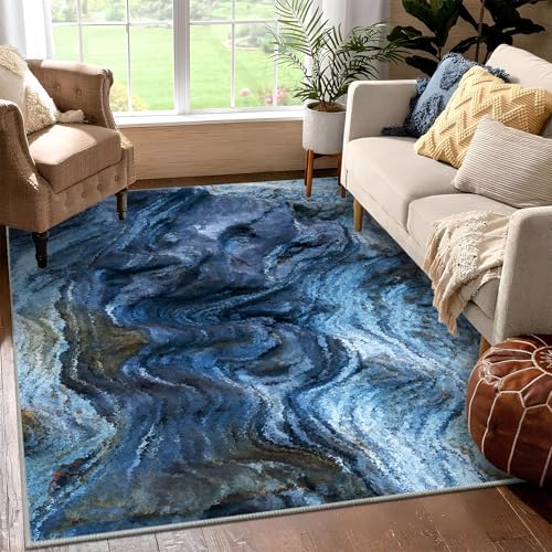 Teppich aus Kaschmirimitat – 120 x 180 cm, moderner niedriger Flor, rutschfester Teppich für Wohnzimmer, Schlafzimmer, Badezimmer, blaue Marmorwellen von JEEGIU