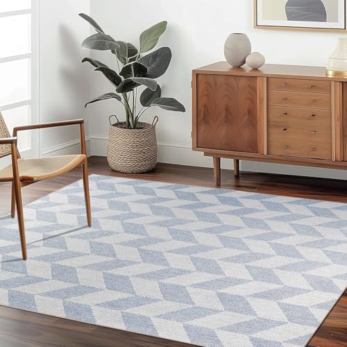 Teppich mit geometrischem Muster, 90 x 120 cm Florhöhe, flaches Profil, maschinenwaschbar, Hellblau und Weiß von JEEGIU
