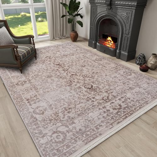 Waschbarer Teppich für Schlafzimmer, Wohnzimmer, niedriger Flor, dünn, einfarbig, rutschfester Teppich, für den Innenbereich, Heimdekoration, 120 x 180 cm, Beige – Braun von JEEGIU