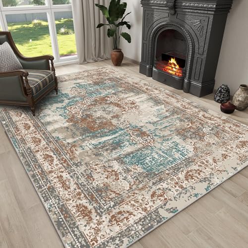 Waschbarer Teppich für Schlafzimmer, Wohnzimmer, niedriger Flor, dünn, einfarbig, rutschfester Teppich, für den Innenbereich, Heimdekoration, 120 x 180 cm (Braun – Blaugrün Used-Look) von JEEGIU