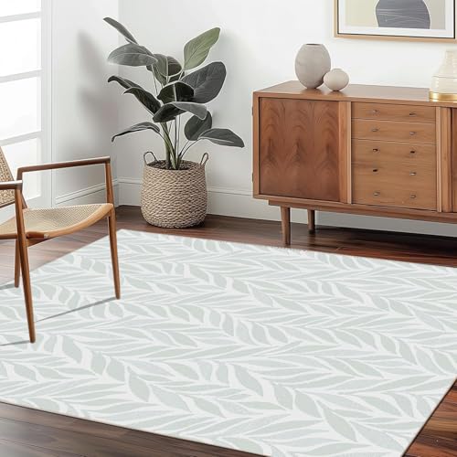 Waschbarer Teppich für Schlafzimmer, Wohnzimmer, niedriger Flor, dünner Teppich, einfarbig, rutschfest, für den Innenbereich, für Inneneinrichtung, Hellgrünes und weißes Blattmuster, 120 x 150 cm Waschbarer Teppich für Schlafzimmer, Wohnzimmer, niedriger Flor, dünner Teppich, einfarbig, rutschfest, für den Innenbereich, für Inneneinrichtung, Hellgrünes und weißes Blattmuster, 120 x 150 cm von JEEGIU