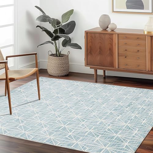 Weicher, neutraler Teppich, 60 x 90 cm, waschbarer Teppich mit rutschfester Unterseite, niedriger Flor-Teppich, blau-weißes geometrisches Sternenmuster von JEEGIU