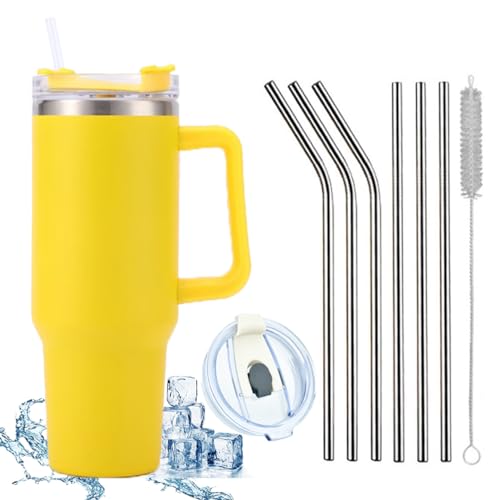 JEELINBORE 1200 ML Isolierbecher Edelstahl mit Griff Kaffeetasse 40 OZ Doppelwandiger Kühlbecher Reisebecher Autobecher Thermobecher mit Strohhalm und Auslaufsicher Becherdeckel Gelb von JEELINBORE