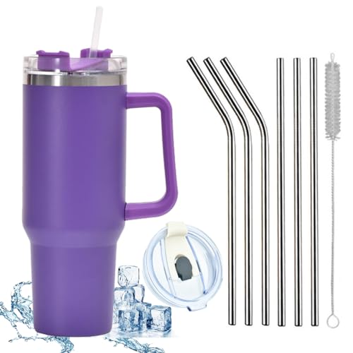 JEELINBORE 1200 ML Isolierbecher Edelstahl mit Griff Kaffeetasse 40 OZ Doppelwandiger Kühlbecher Reisebecher Autobecher Thermobecher mit Strohhalm und Auslaufsicher Becherdeckel Lila von JEELINBORE