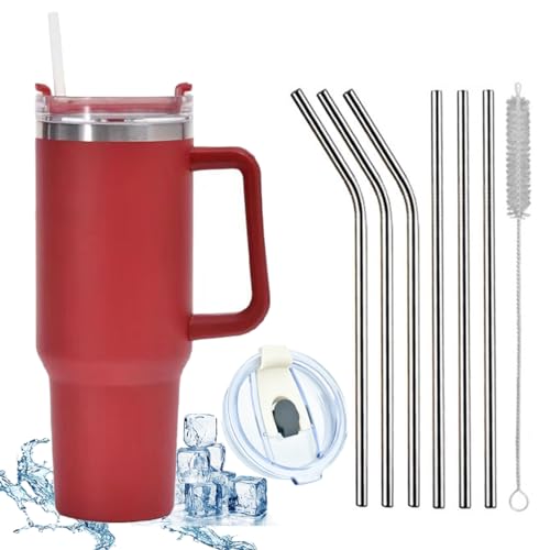 JEELINBORE 1200 ML Isolierbecher Edelstahl mit Griff Kaffeetasse 40 OZ Doppelwandiger Kühlbecher Reisebecher Autobecher Thermobecher mit Strohhalm und Auslaufsicher Becherdeckel Rot von JEELINBORE