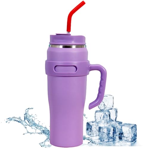 JEELINBORE 1200 ml Auslaufsicher Edelstahl Isolierbecher mit Strohhalm und Abnehmbarer Griff Vakuum Versiegelt Reisebecher Kaffeetasse Becher 40 oz Thermobecher Autobecher Lila von JEELINBORE