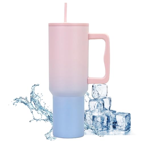 JEELINBORE 1200 ml Edelstahl Vakuum Isolierbecher Auslaufsicher Doppelwandiger Upgrade Kaffeetasse 40 oz Becher Autobecher Reisebecher Strohhalm Thermobecher Farbverlauf von JEELINBORE