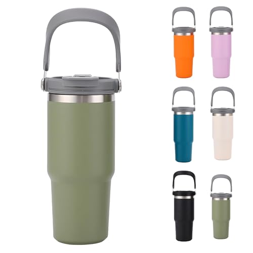 JEELINBORE Thermobecher mit klappbarem Tragegriff Tragbarer Reisebecher Edelstahl Isolation Kaltgetränken Kühlbecher Bierbecher Autobecher Kaffeetasse Armeegrün 20oz/600ml von JEELINBORE