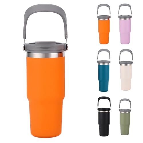 JEELINBORE Thermobecher mit klappbarem Tragegriff Tragbarer Reisebecher Edelstahl Isolation Kaltgetränken Kühlbecher Bierbecher Autobecher Kaffeetasse Orange 30oz/900ml von JEELINBORE