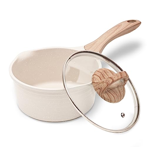 JEETEE Kasserolle 16cm, 1.5L Stielkasserolle mit Deckel, klein Kasserolle Stieltopf, Milchpfanne, Milchtopf beschichtet, geeignet für Induktions, Elektro und Gas (Beige) von JEETEE