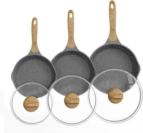 JEETEE Pfannenset 6 Teiliges Mit Glasabdeckung, Bratpfanne set 20cm 24cm 28cm, Induktion Geeignet,Aus Geschmiedetem Aluminium mit Antihaftbeschichtung, für alle Herdarten,PFOA-frei(Grau) von JEETEE