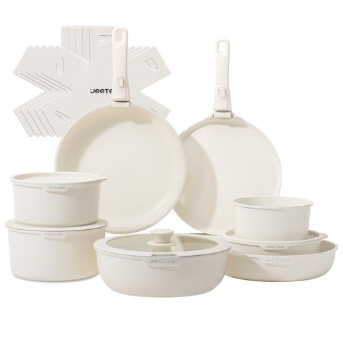 JEETEE Topfset Pfannenset mit abnehmbarem Griff 19-Teilig, Pfanne 20/26cm, Kochtopf 18/20cm, Tiefe Bratpfanne 26cm, Grillpfanne 26cm, Stapelbar Topfset Für alle Herdarten, Antihaft, Ofenfest, Beige von JEETEE