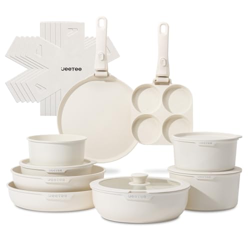 JEETEE Topfset Pfannenset mit abnehmbarem Griff 20-Teilig, Pfanne 20/26cm, Kochtopf 18/20cm, Tiefe Bratpfanne 26cm, Grillpfanne 26cm, Stapelbar Topfset Für alle Herdarten, Antihaft, Ofenfest, Schwarz von JEETEE