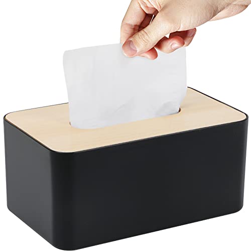 Taschentuchbox, Tücherbox mit Bambus-Deckel, Kosmetiktücher Box Taschentücher Box Spender für Badezimmer Küche Wohnzimmer, 21x13x10cm (Schwarz) von JEEZAO