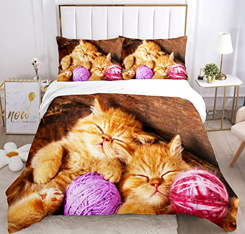 JEFFEL Katze Bettwäsche Set 135 x 200 cm, Tiermotiv, Kinderbettwäsche, Cat Muster Bettbezug 3D Haustier Katze Bettbezug Set, mit Bettbezug und Kissenbezug (135 x 200 cm, Katze-2) von JEFFEL