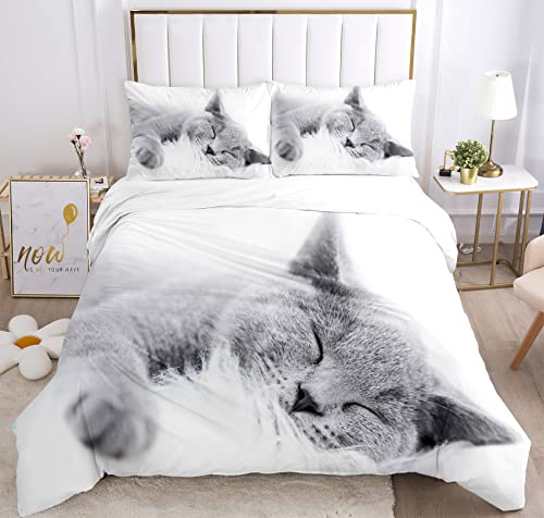 JEFFEL Katze Bettwäsche Set 135 x 200 cm, Tiermotiv, Kinderbettwäsche, Cat Muster Bettbezug 3D Haustier Katze Bettbezug Set, mit Bettbezug und Kissenbezug (135 x 200 cm, Katze-3) von JEFFEL