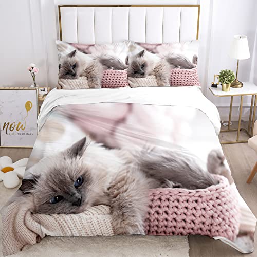 JEFFEL Katze Bettwäsche Set 135 x 200 cm, Tiermotiv, Kinderbettwäsche, Cat Muster Bettbezug 3D Haustier Katze Bettbezug Set, mit Bettbezug und Kissenbezug (135 x 200 cm, Katze-5) von JEFFEL