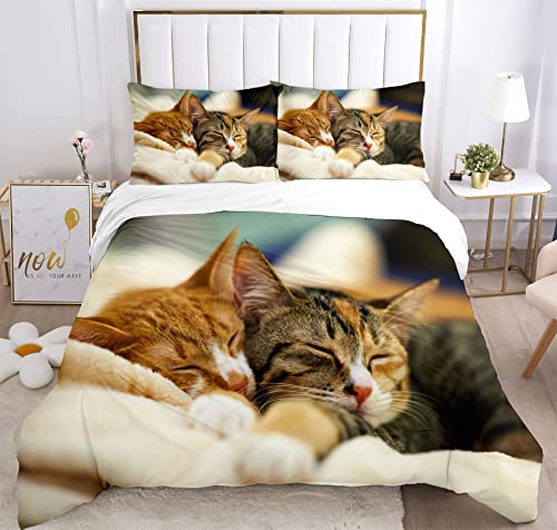 JEFFEL Katze Bettwäsche Set 135 x 200 cm, Tiermotiv, Kinderbettwäsche, Cat Muster Bettbezug 3D Haustier Katze Bettbezug Set, mit Bettbezug und Kissenbezug (220 x 240 cm, Katze-1) von JEFFEL
