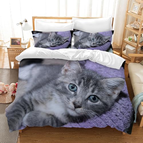 JEFFEL Katze Bettwäsche Set 200 x 200 cm, Tiermotiv, Kinderbettwäsche, Cat Muster Bettbezug 3D Haustier Katze Bettbezug Set, mit Bettbezug und Kissenbezug (200 x 200 cm, Katze-6) von JEFFEL