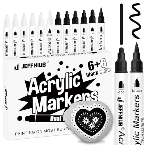 JEFFNIUB Acrylstifte Schwarz Weiß Wasserfest 12pcs Acrylstifte für Steine Wasserfest Brush Tip Dual, Acrylstifte für Holz, Metall, Glas, Stoff Multimarker von JEFFNIUB