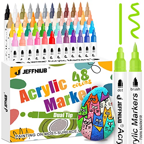 JEFFNIUB Acrylstifte für Steine Wasserfest Doppelspitze 48Farben Dual Tip Stifte für Glas, Holz, Stoff, multimarker steine bemalen Acrylmarker mit Runde Spitze&Pinselspitze von JEFFNIUB