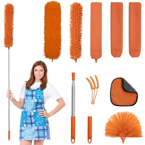 JEHONN Staubentfernung Teleskop Waschbar 8 PCS, Staubwischer Mikrofaser Lang Ausziehbar Bis 245 cm, Spinnenwebenentferner Duter mit Teleskopstiel für Hohe Decken Spinnweben Entfernen von JEHONN