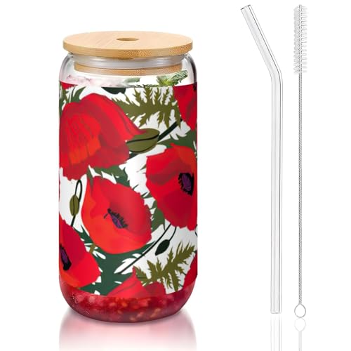 JEJEA Glasbecher mit Mohnblumen-Motiv, Bambusdeckel und Strohhalme, Kaffeetasse, Dosenform, Gläser, Cocktail, transparent von JEJEA