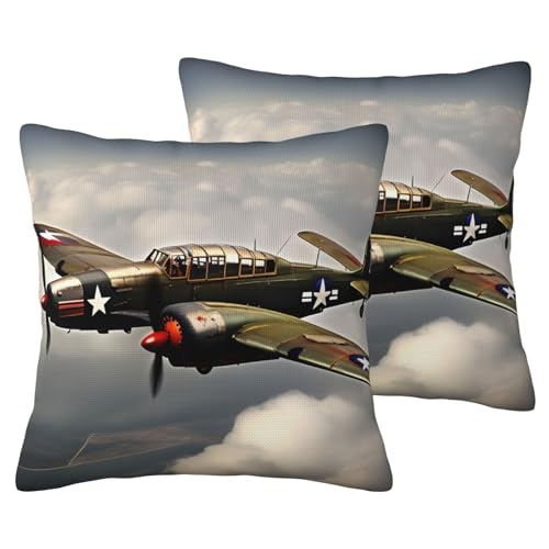 JEJEA Kissenbezug aus Leinenimitat, Motiv 2, Weltkrieg, Flugzeug, 2 Standardgröße, 2 Sets, dekorative Wurfkissenbezüge für Wohnzimmer, Bett, Sofa von JEJEA
