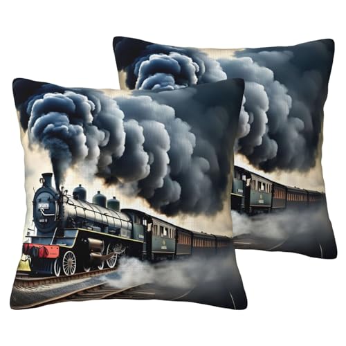 JEJEA Kissenbezug aus Leinenimitat, Motiv: Dampfzug, Wolken, 2 Sets, dekorative Kissenbezüge für Wohnzimmer, Bett, Sofa von JEJEA