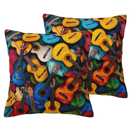 JEJEA Kissenbezug aus Leinenimitat mit Akustik- und Gitarren-Druck, 2 Sets, dekorative Kissenbezüge für Wohnzimmer, Bett, Sofa von JEJEA