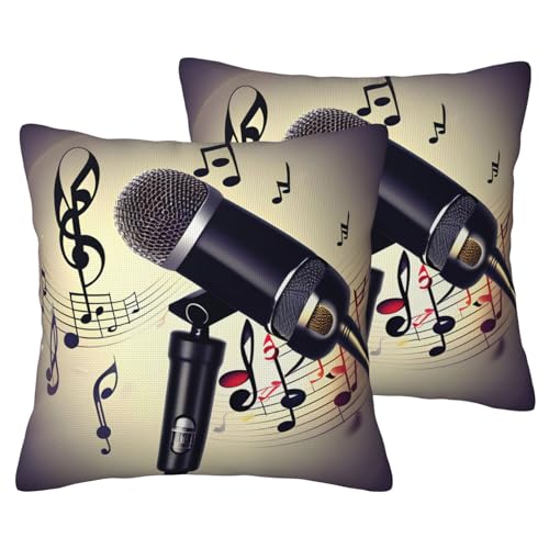 JEJEA Kissenbezug aus Leinenimitat mit Mikrofon und Musiknoten-Druck, 2 Sets, dekorative Kissenbezüge für Wohnzimmer, Bett, Sofa von JEJEA