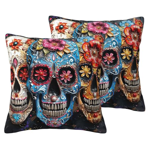 JEJEA Kissenbezug aus Leinenimitat mit Totenkopf-Motiv, dekorative Kissenbezüge für Wohnzimmer, Bett, Sofa, 2 Sets von JEJEA