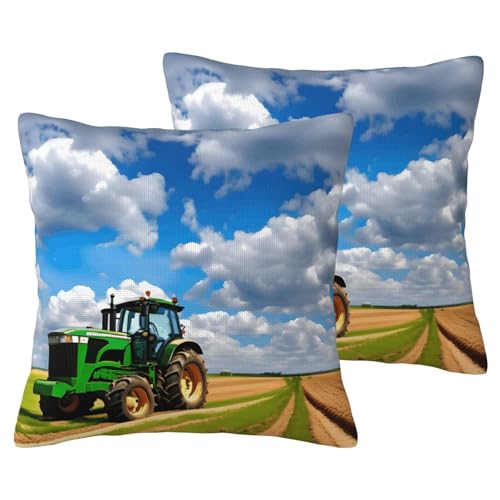 JEJEA Kissenbezug aus Leinenimitat mit Traktor unter blauem Himmel und weißen Wolken, 2 Sets, dekorative Kissenbezüge für Wohnzimmer, Bett, Sofa von JEJEA