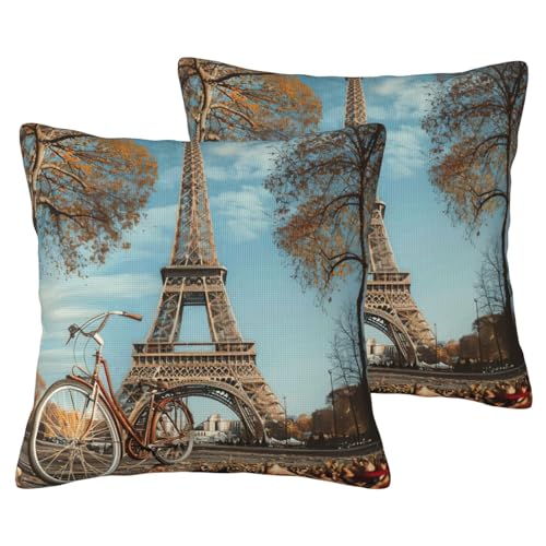 JEJEA Kissenbezug mit Eiffelturm-Fahrrad-Druck, Leinenimitat, 2 Sets, dekorative Kissenbezüge für Wohnzimmer, Bett, Sofa von JEJEA