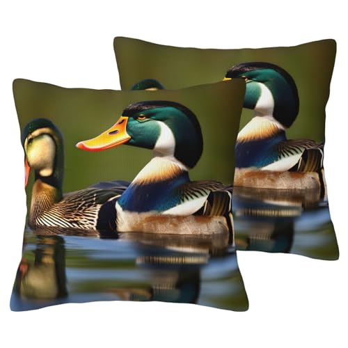 JEJEA Kissenbezug mit zwei Stockenten bedruckt, Leinenimitat, 2 Sets, dekorative Kissenbezüge für Wohnzimmer, Bett, Sofa von JEJEA